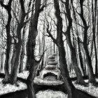 Monochrome painting of dense forest with slender trees and intricate branches