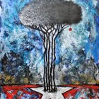 Vibrant abstract painting with black tree silhouette on textured blue, white, and red background