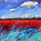 Vivid Red and Blue Abstract Landscape with Cloud-like Forms