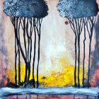 Autumn forest painting with tall trees and golden leaves by a creek