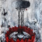 Abstract digital artwork: Black tree with red leaves in red ring on greyscale background