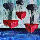 Abstract painting of trees on red islands above blue sea against stormy sky