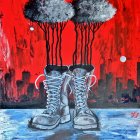 Surreal artwork: Trees from boots on red & blue background