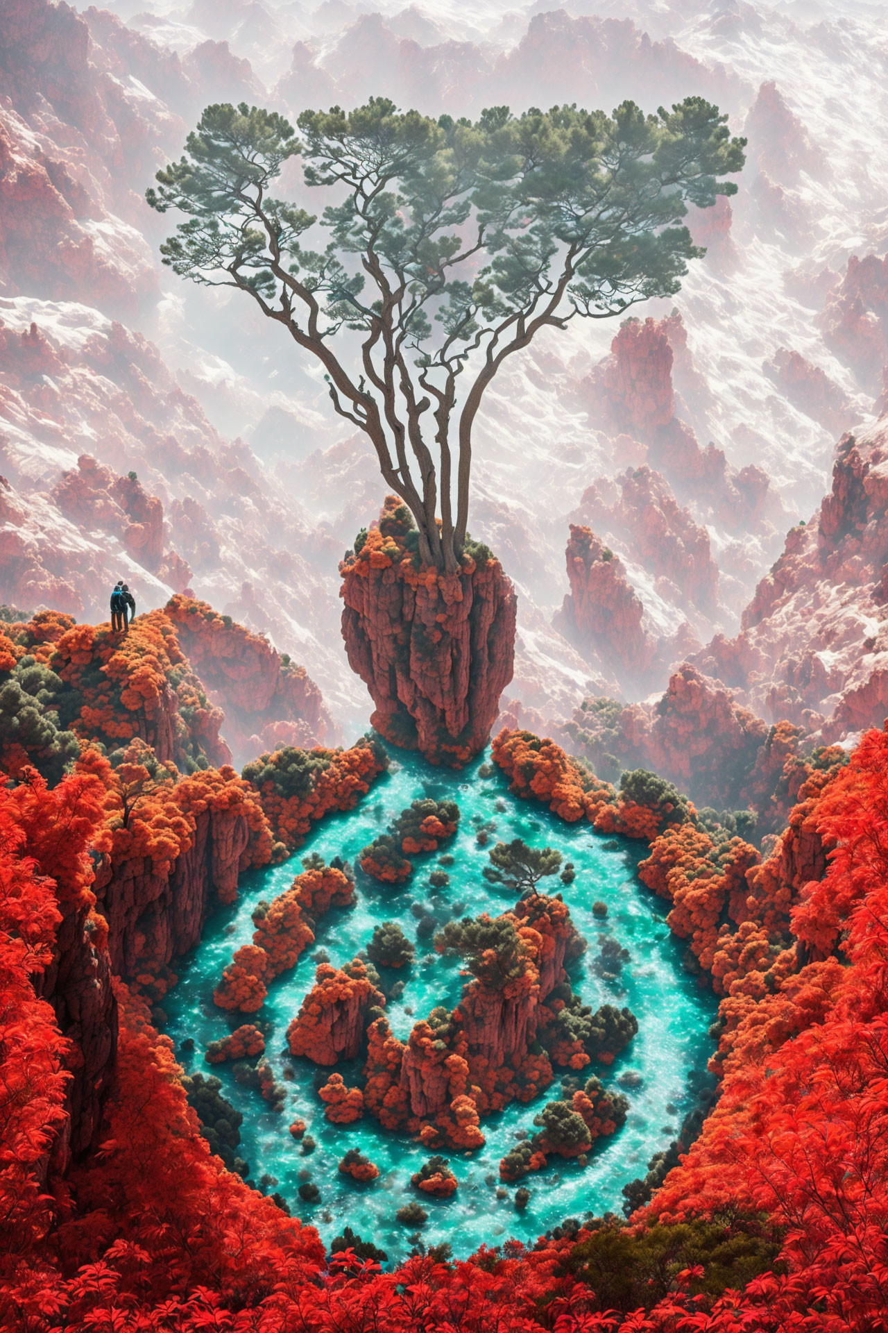 Person overlooking vibrant turquoise lake with autumnal foliage and solitary tree