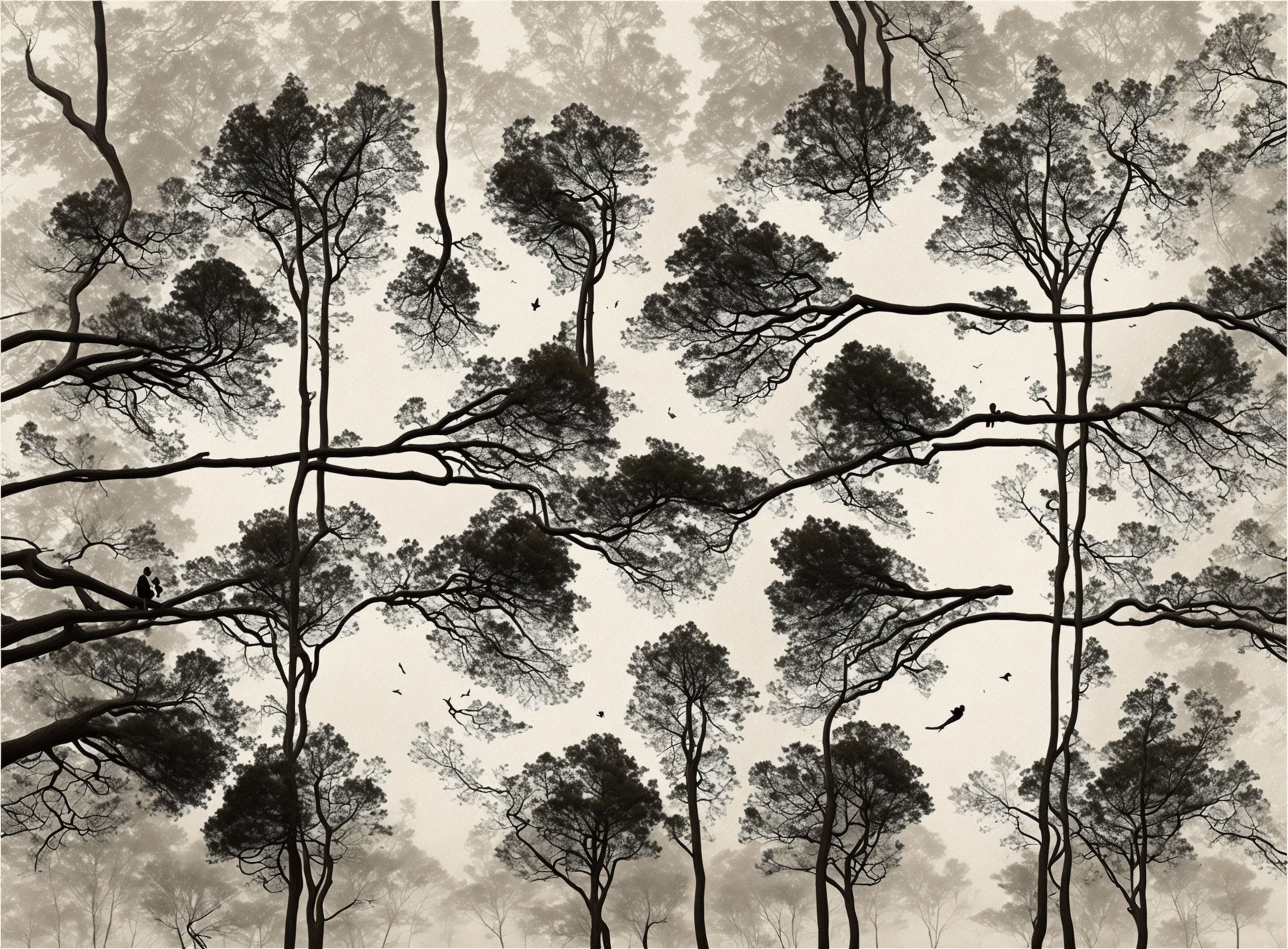 Tall Trees Silhouettes on Textured Monochrome Background