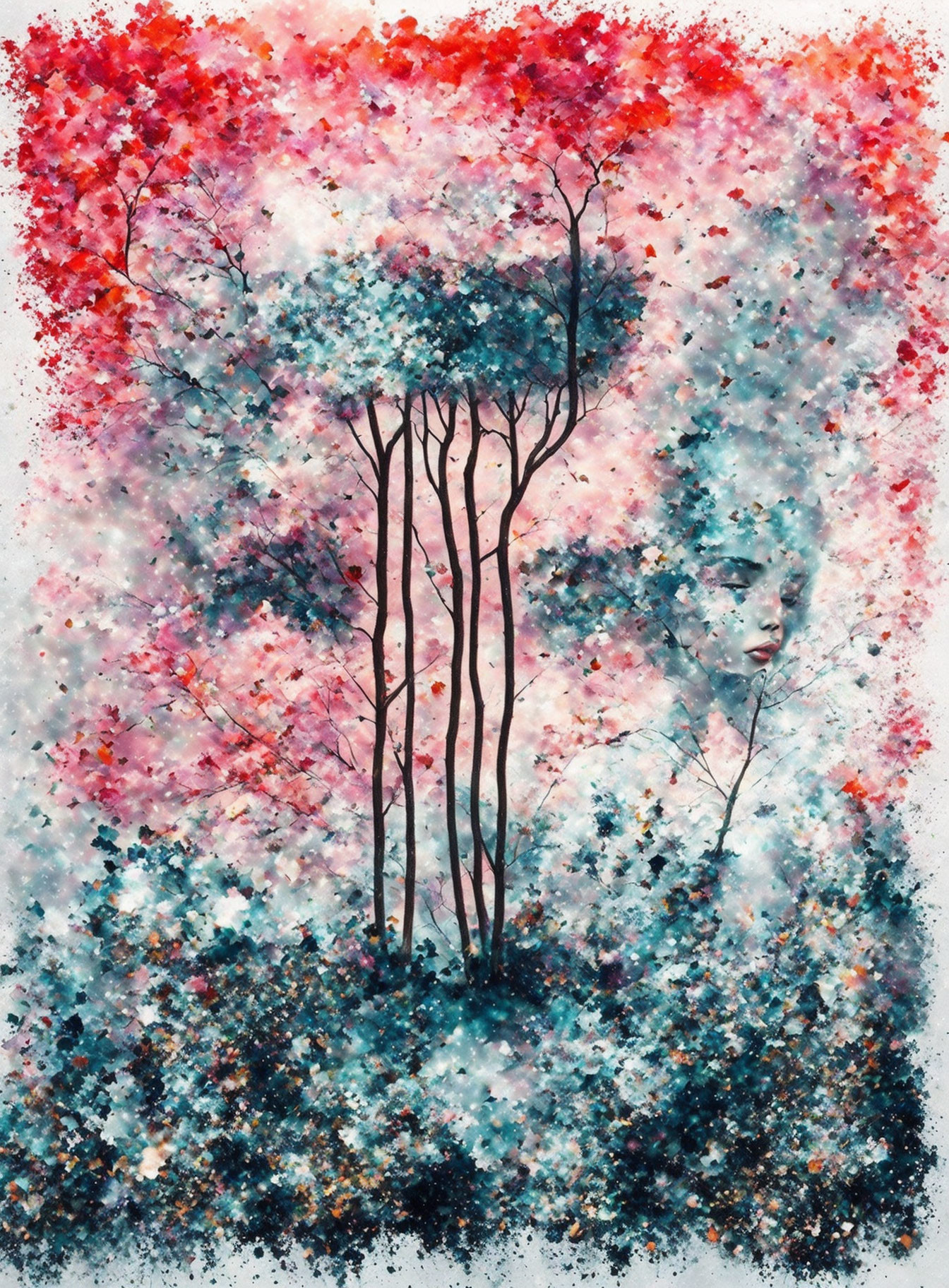 Abstract artwork: Woman's profile merges with colorful forest landscape