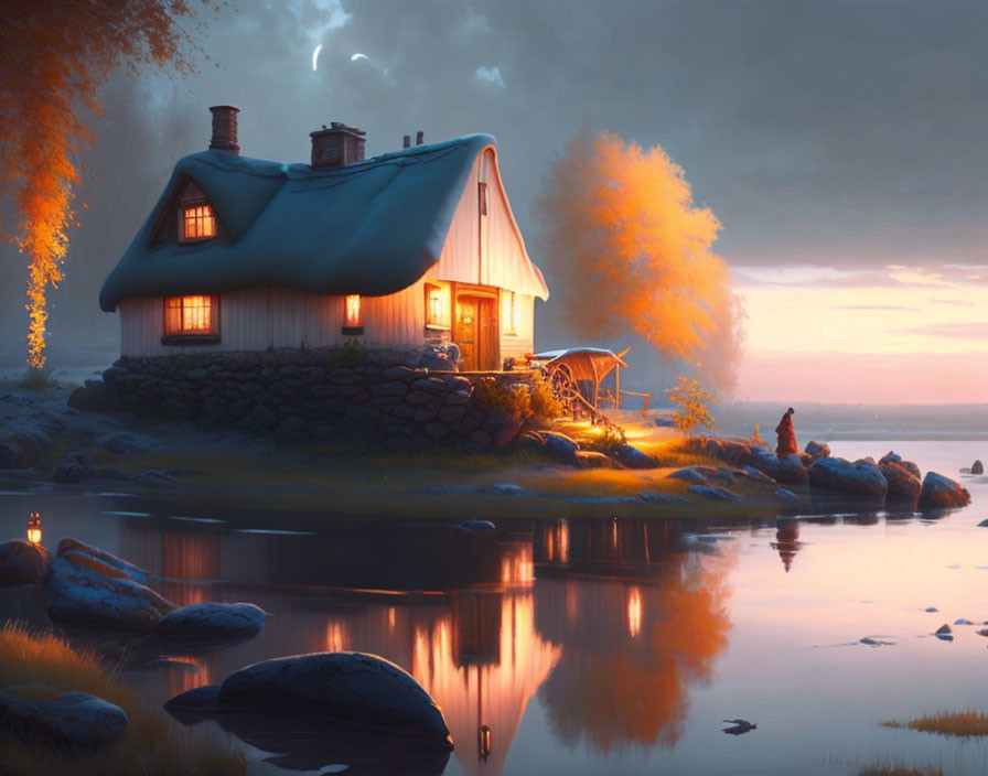 Lakeside cottage with blue roof at dusk, surrounded by autumnal trees, person by water