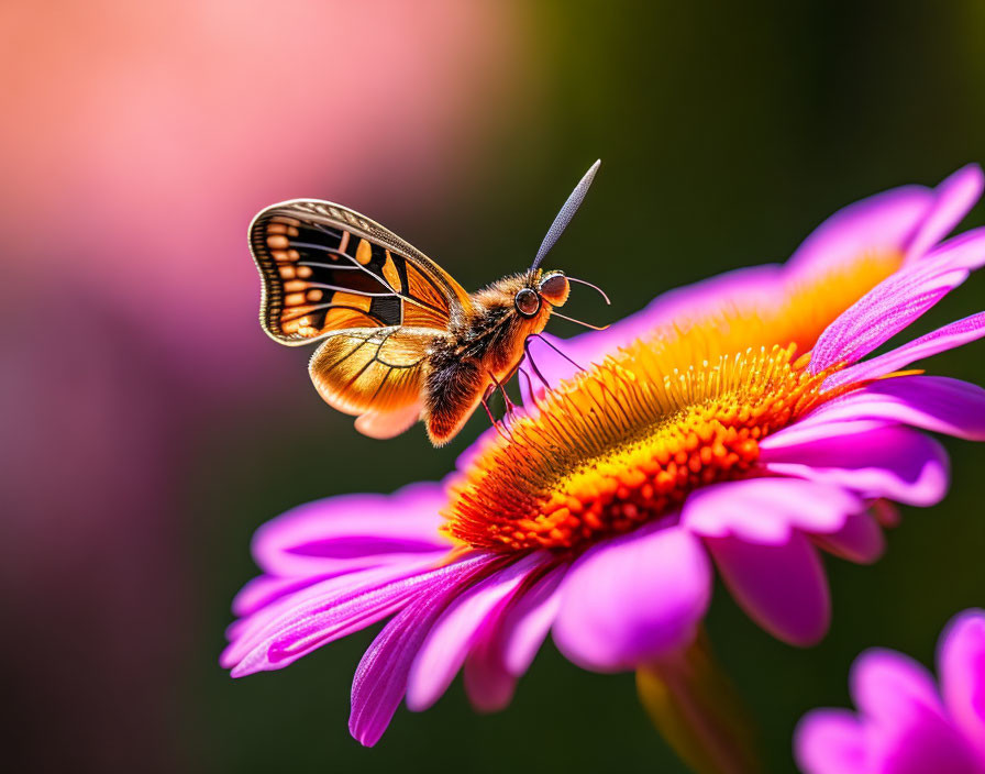 Patterned butterfly on vibrant flower against blurred background