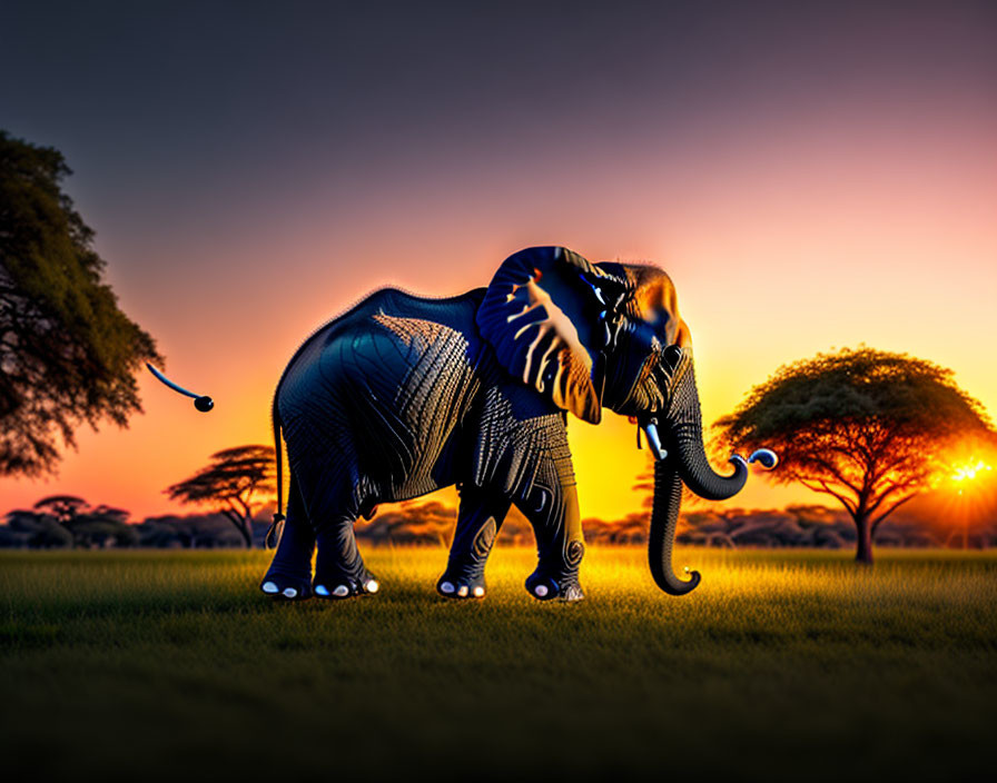 Luminous wireframe elephant in African savanna sunset.