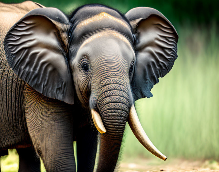 Young Elephant Close-Up: Tusks, Ears, and Textured Skin on Green Background