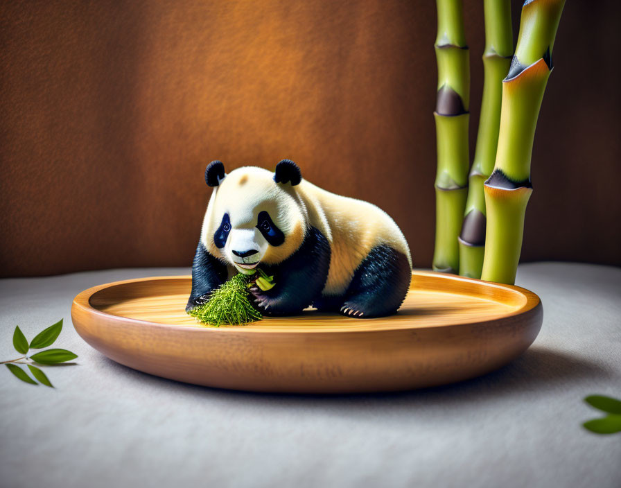 Miniature panda figurine on wooden plate with bamboo backdrop