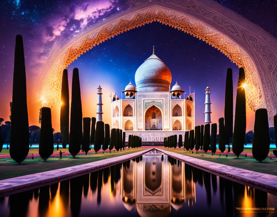 Twilight view of Taj Mahal with vibrant sky and reflecting pool