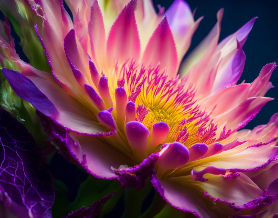 Vibrant pink and yellow flower with delicate petals and golden center on dark background