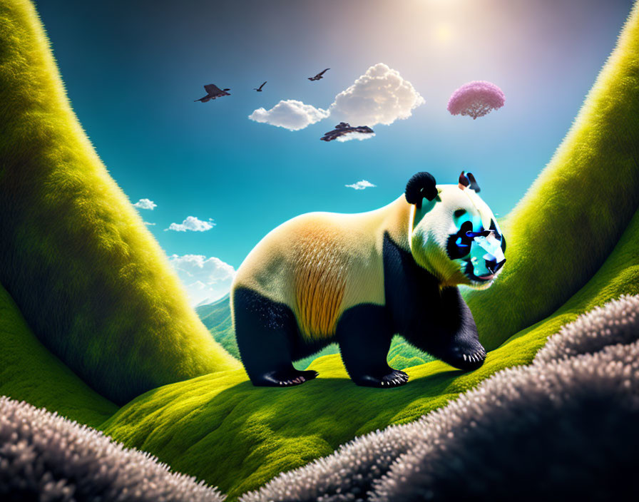 Surreal landscape with giant panda, grassy hills, birds, and floating jellyfish