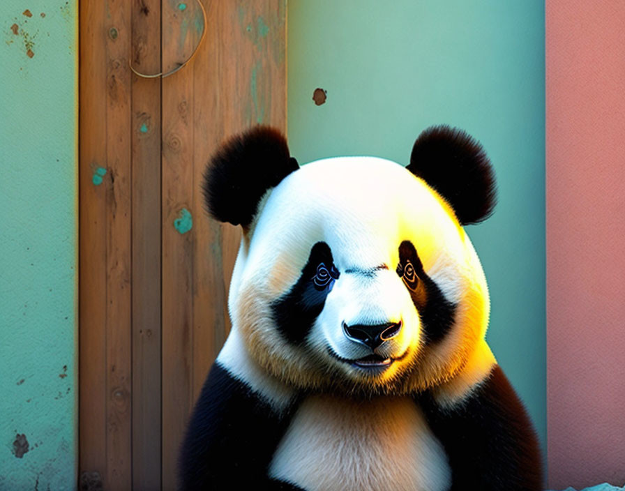 Vibrant photo: giant panda with black-and-white fur next to wall in warm and cool tones