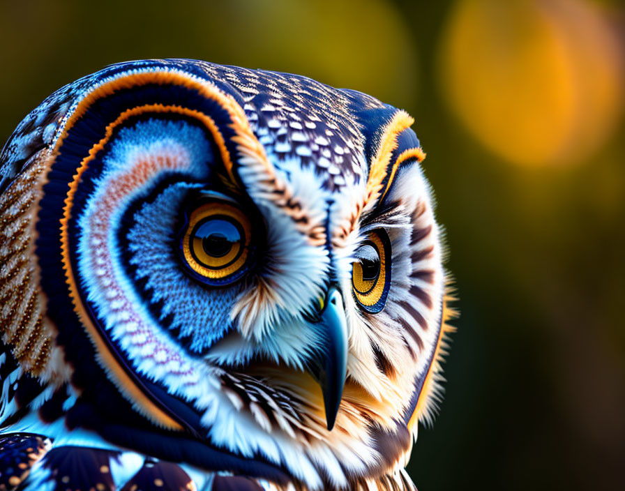 Colorful Owl with Detailed Feathers, Bright Eyes, and Sharp Beak on Blurred Background