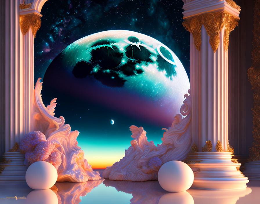 Grand marble columns, ornate carvings, moonlit ocean, and reflective spheres.