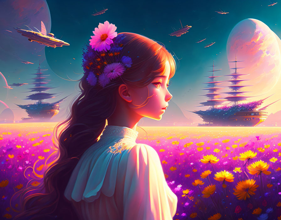 Girl with Flowers in Hair Gazing at Fantastical Sky with Flying Ships and Celestial Bodies over