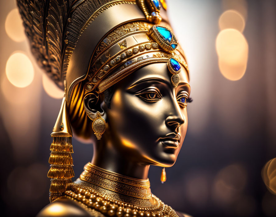 Intricate golden statue with feathered headdress and jewelry on soft-focus background