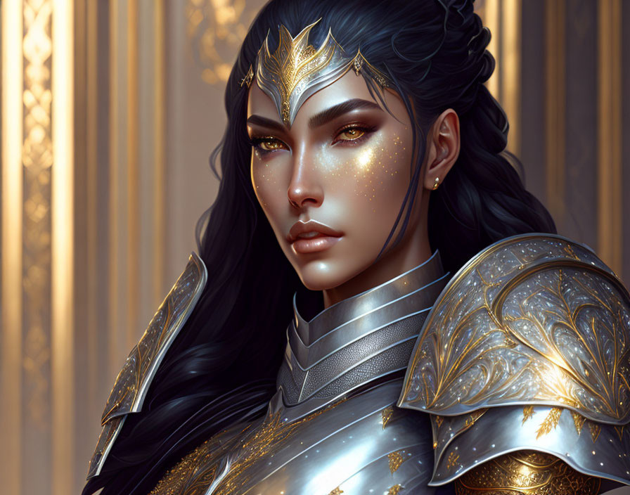 Illustration of female warrior in gold-trimmed armor with black hair and starry skin