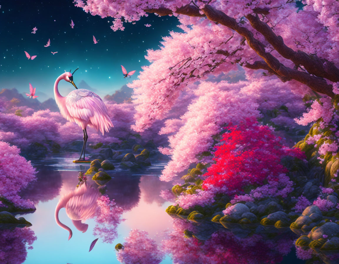 Flamingo in Pond with Cherry Blossoms and Butterflies at Twilight