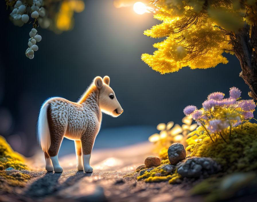 Miniature Forest Scene with Toy Fawn and Vibrant Flora