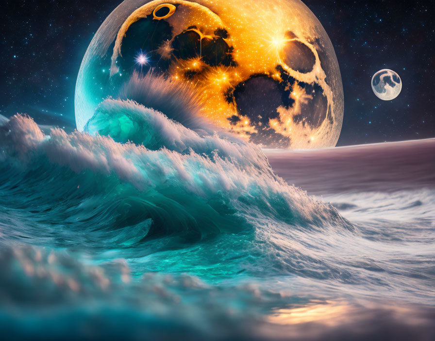 Surreal cosmic seascape with fiery planet, moon, ocean waves, starlit sky