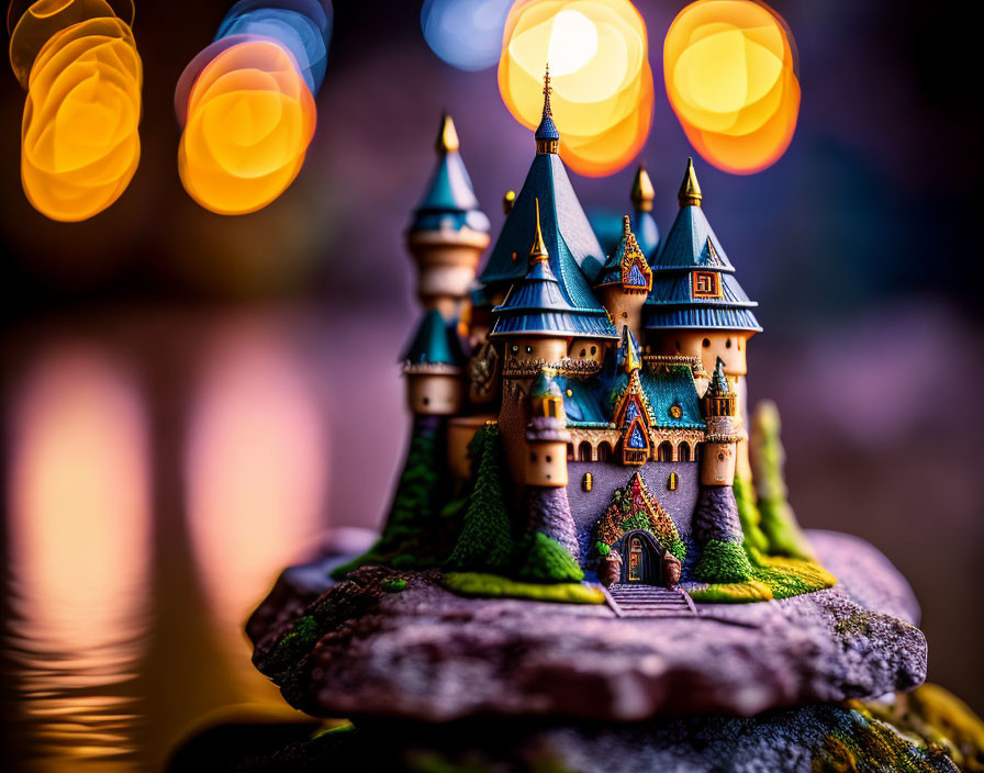 Miniature fairy-tale castle with colorful rooftops and turrets in warm glowing lights