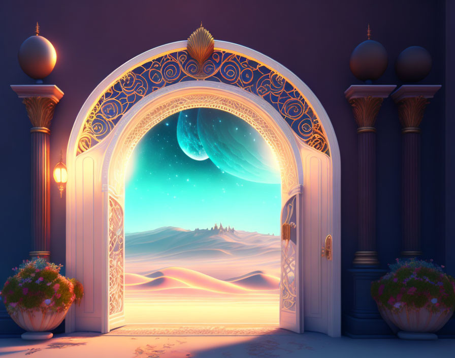 Ornate Arched Doorway Leading to Desert Landscape with Galaxy Sky