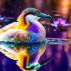 Colorful bird perched on water with lotus flowers and bokeh lights in the background