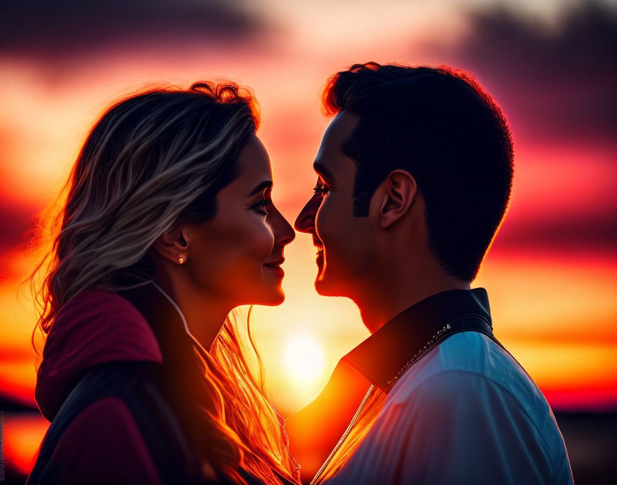 Romantic sunset scene with two people gazing at each other