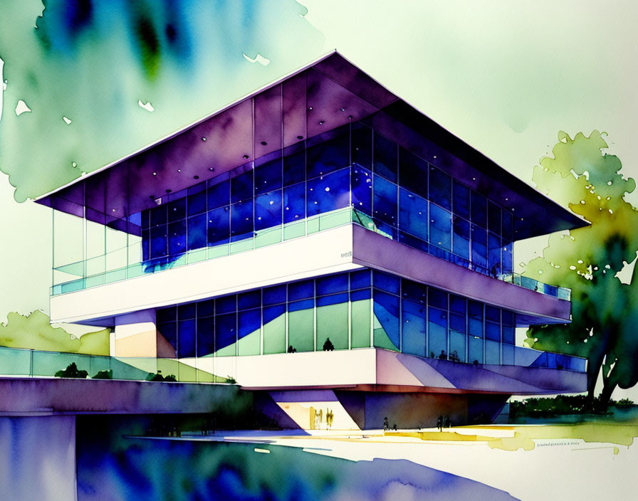 Modern building with glass facades in watercolor art