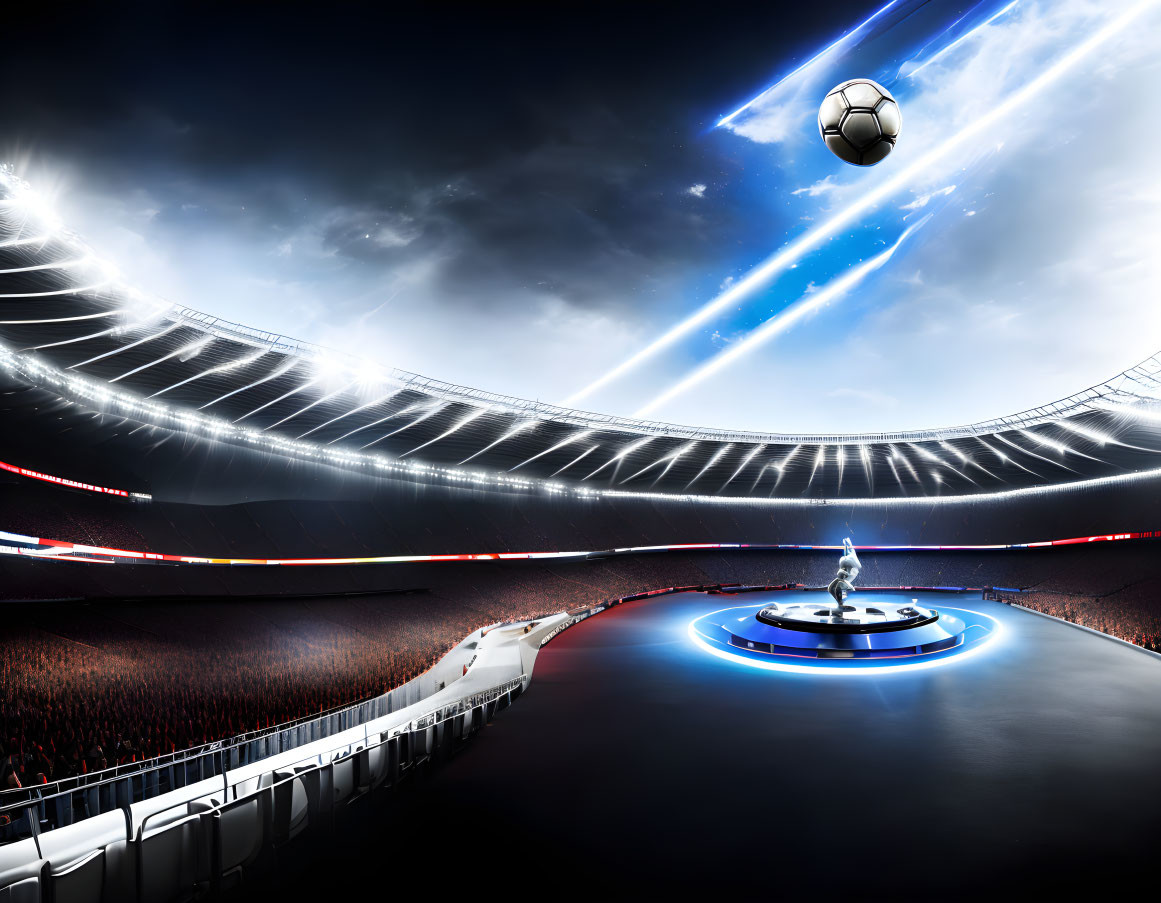 Futuristic soccer stadium with illuminated ball and night sky