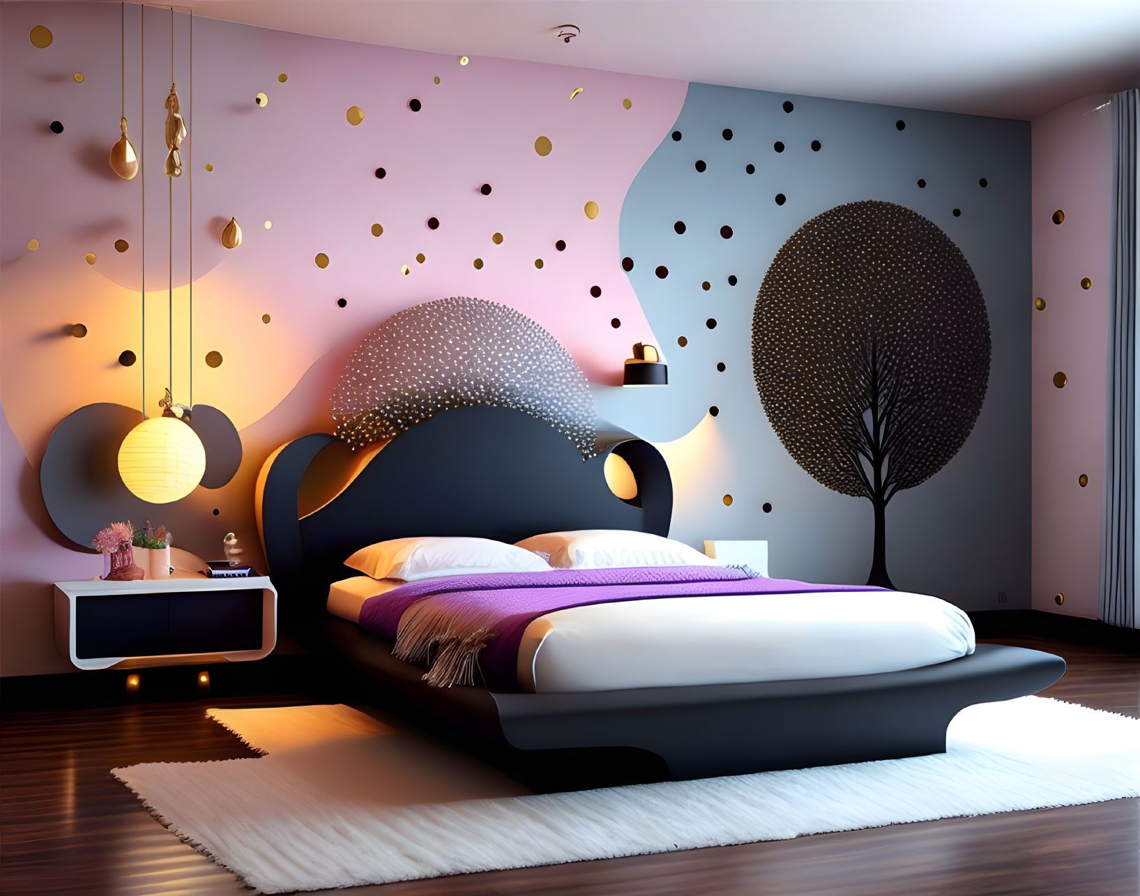 Contemporary Bedroom with Floating Bed, Polka-dot Wall Decor, Tree Artwork, and Ambient Lighting