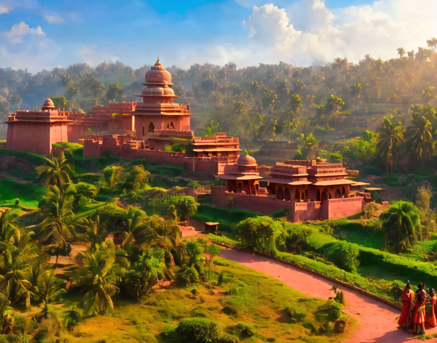 Ancient Red Sandstone Fort with Women in Saris Walking at Sunrise