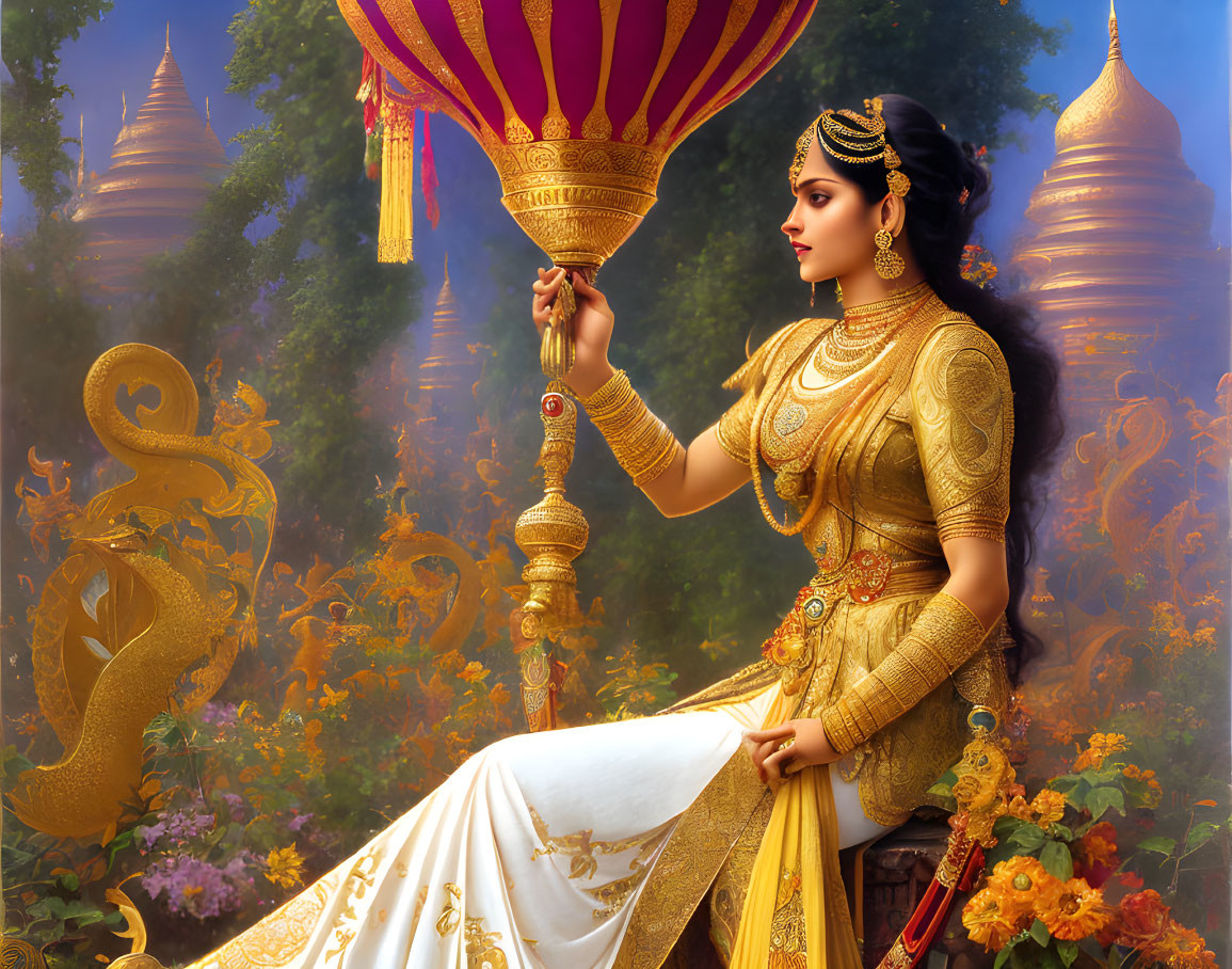 South Asian woman in traditional attire amidst golden pagodas and vibrant garden