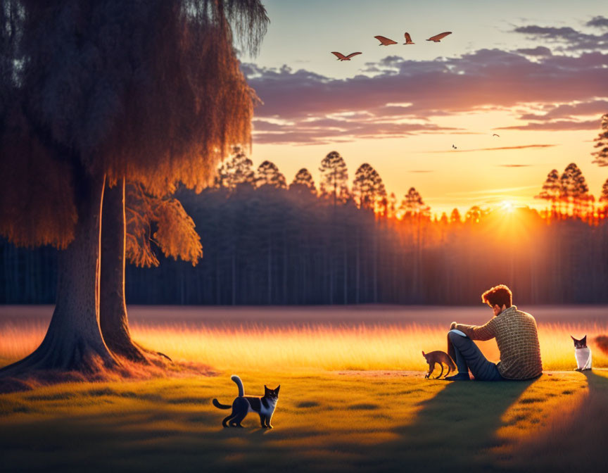 Person, two cats under tree, watching sunset with birds in warm landscape