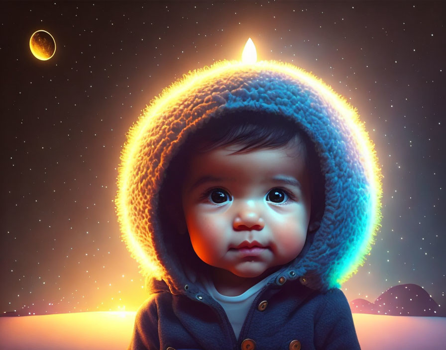 Young child in hooded jacket under starry sky with glowing halo and crescent moon