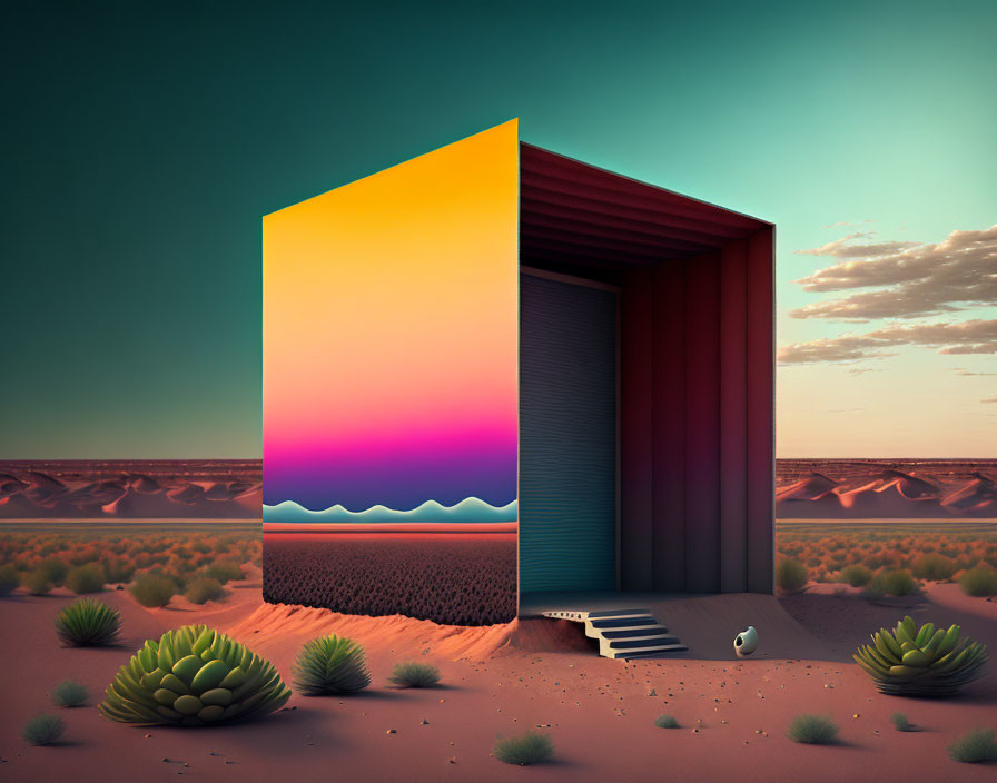 Shipping container in desert with surreal ocean sunset view surrounded by plants and sand dunes