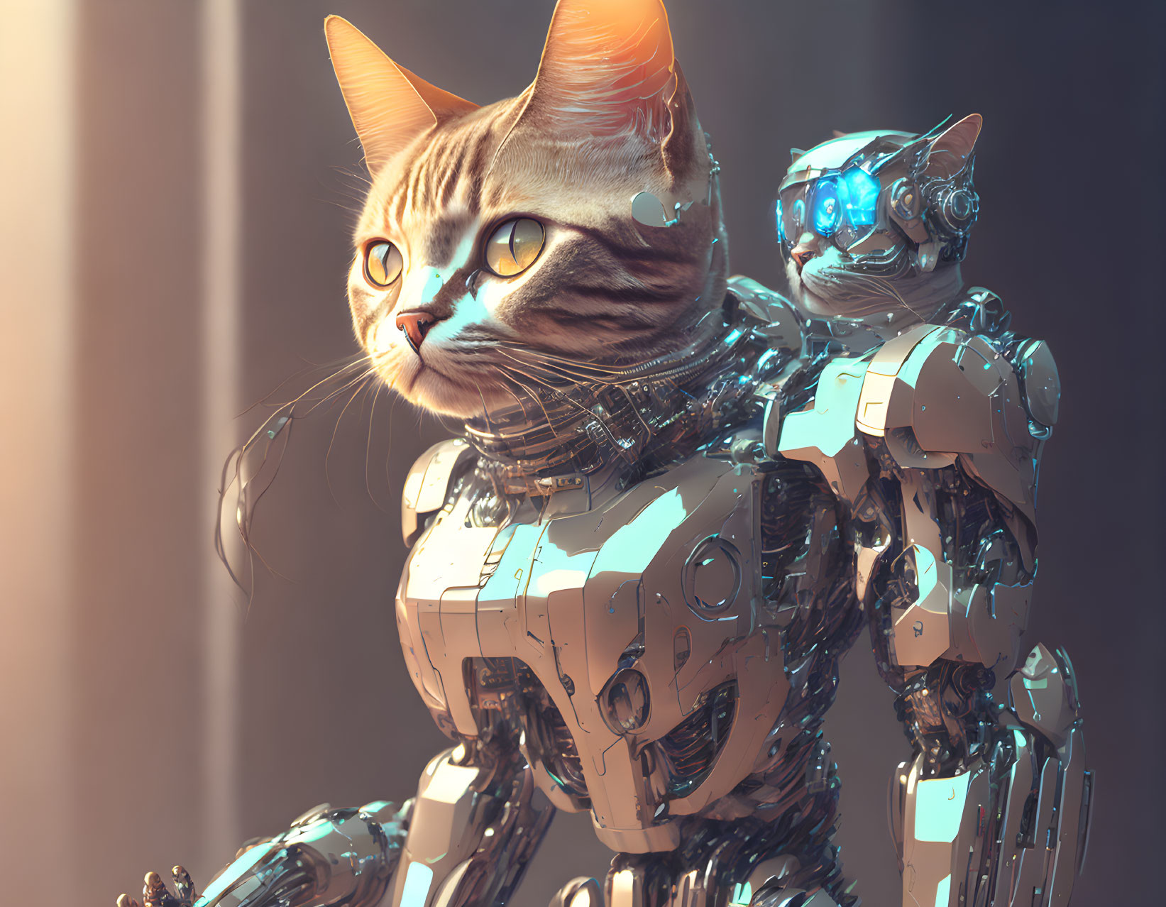 Realistic Robotic Cat and Kitten with Intricate Mechanical Details on Illuminated Background