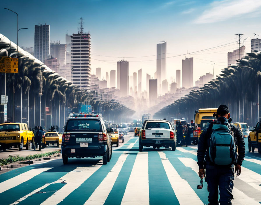 City street with pedestrians, cars, palm trees, and skyscrapers in background.