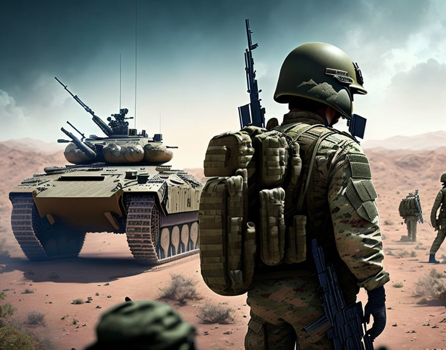 Soldier in combat gear observes tank and troops in desert warzone