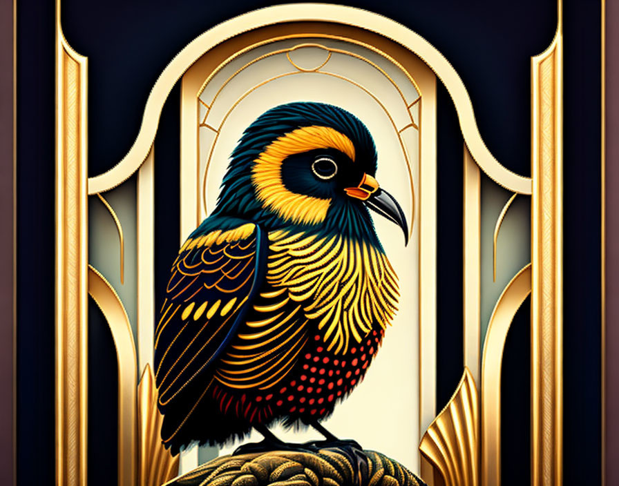 Colorful Art Deco Style Bird Illustration with Geometric Background