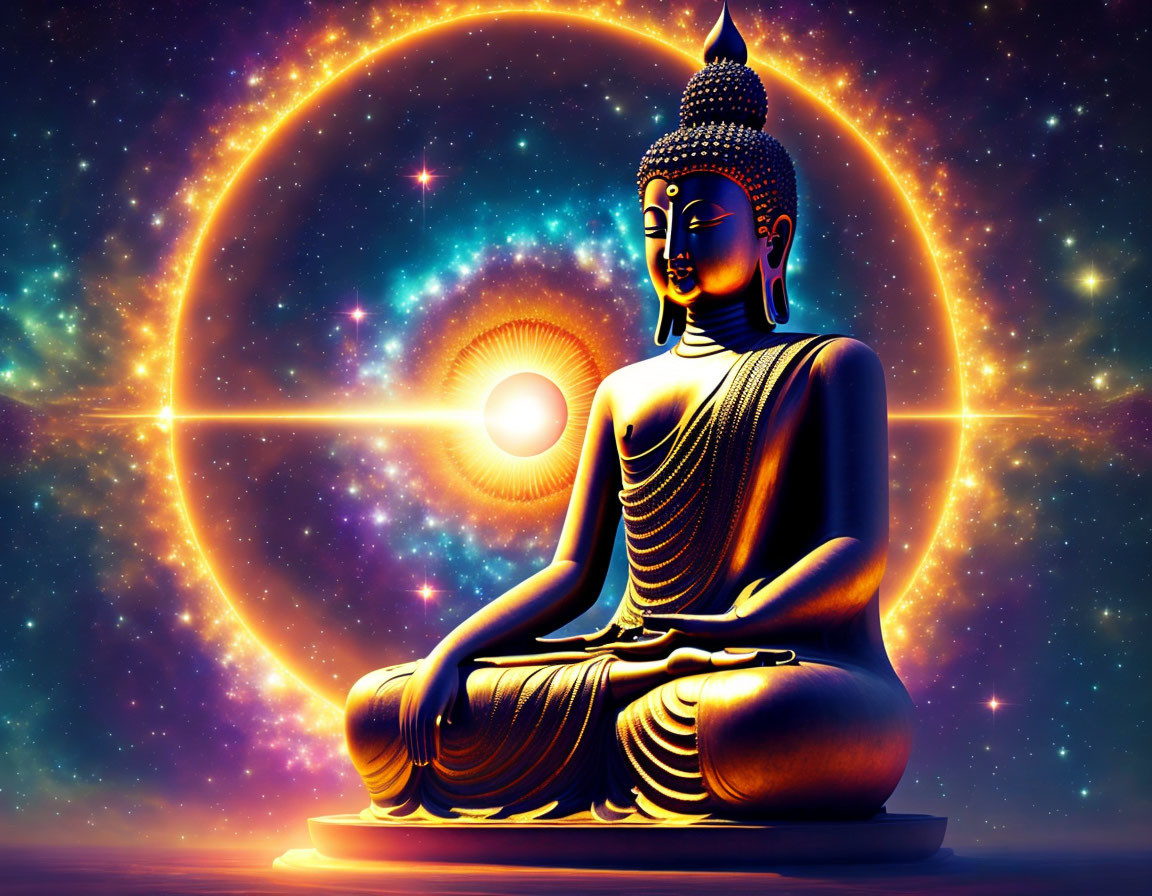 Seated Buddha with Radiant Halo in Cosmic Starry Background