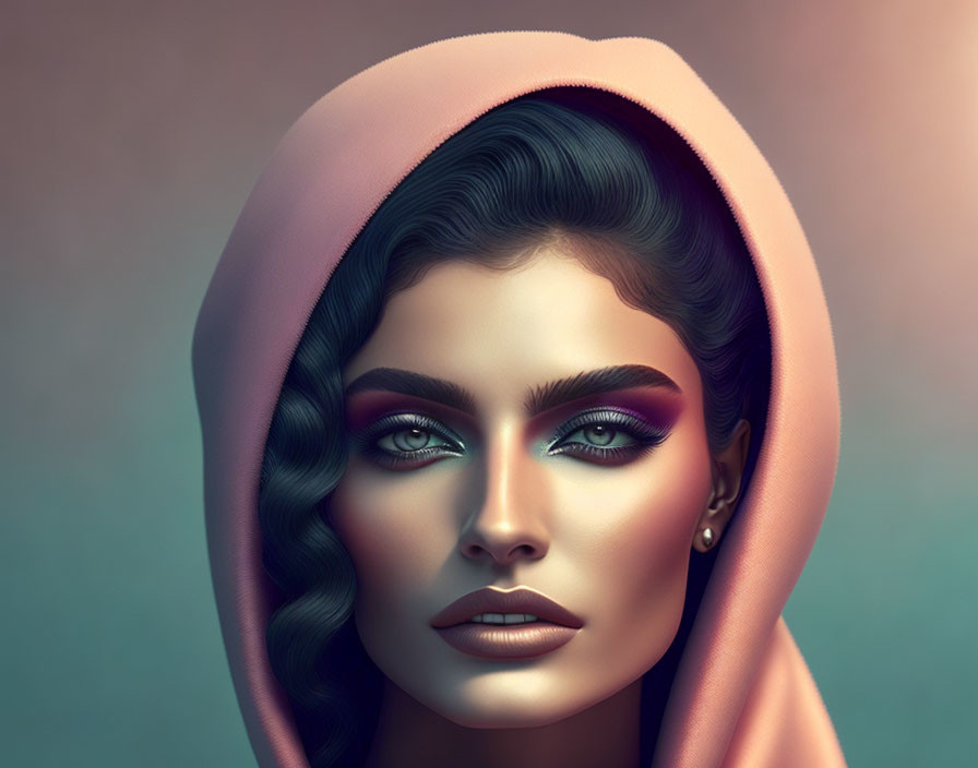Digital artwork: Woman with green eyes, wavy hair, bold makeup in pink hood.