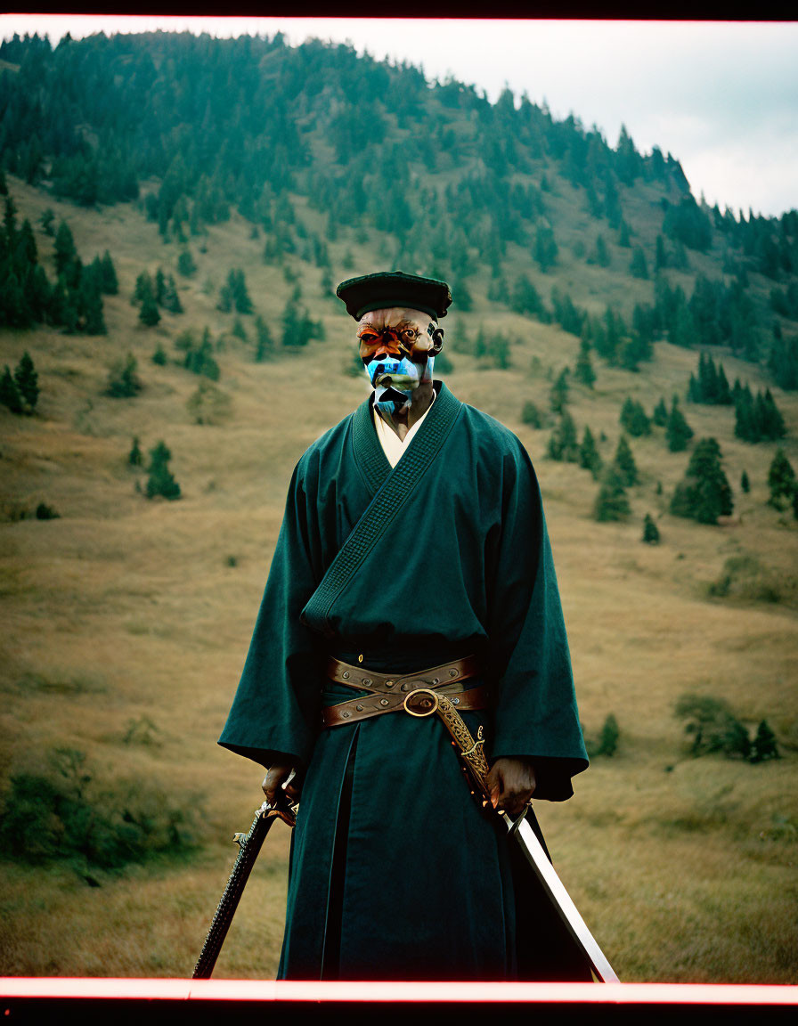 Traditional samurai attire on person in grassy field with forested hill.