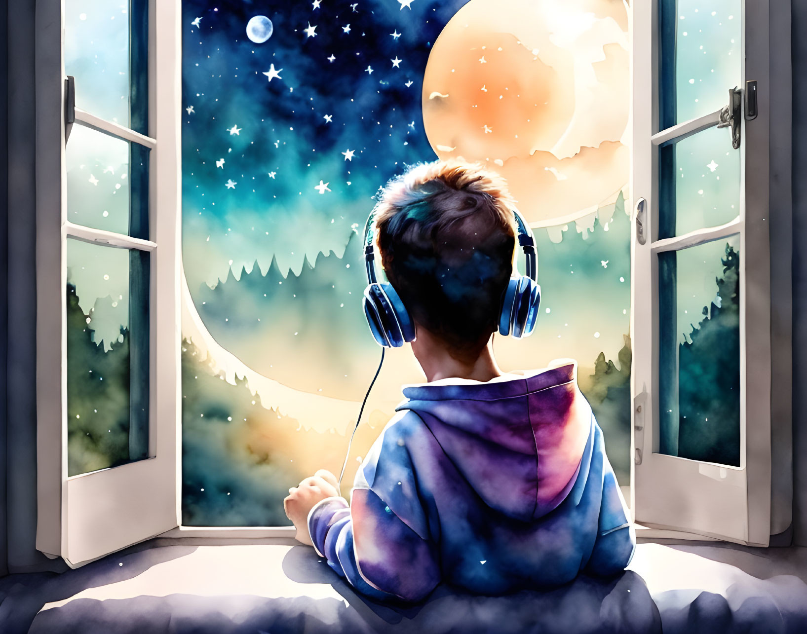 Person in hoodie and headphones looking out open window at starry night with full moon.