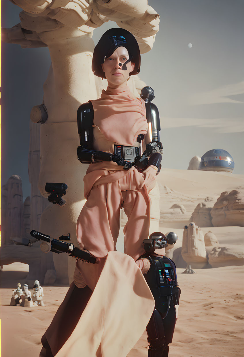 Character in desert outfit with helmet and blaster, droid, and troopers against pale sky