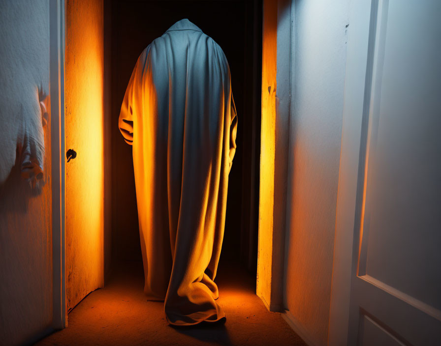 Silhouetted figure draped in sheet in dark room with warm light from open door