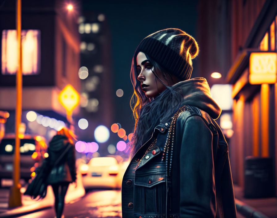 Person in beanie and leather jacket on city street at night with neon lights